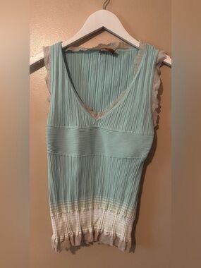 Essendi Light Aqua Ribbed V-Neck Tank with Ombre Hem silk vtg vintage 90s y2k M